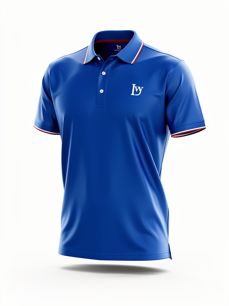 Blue polo shirt with a logo on a white background