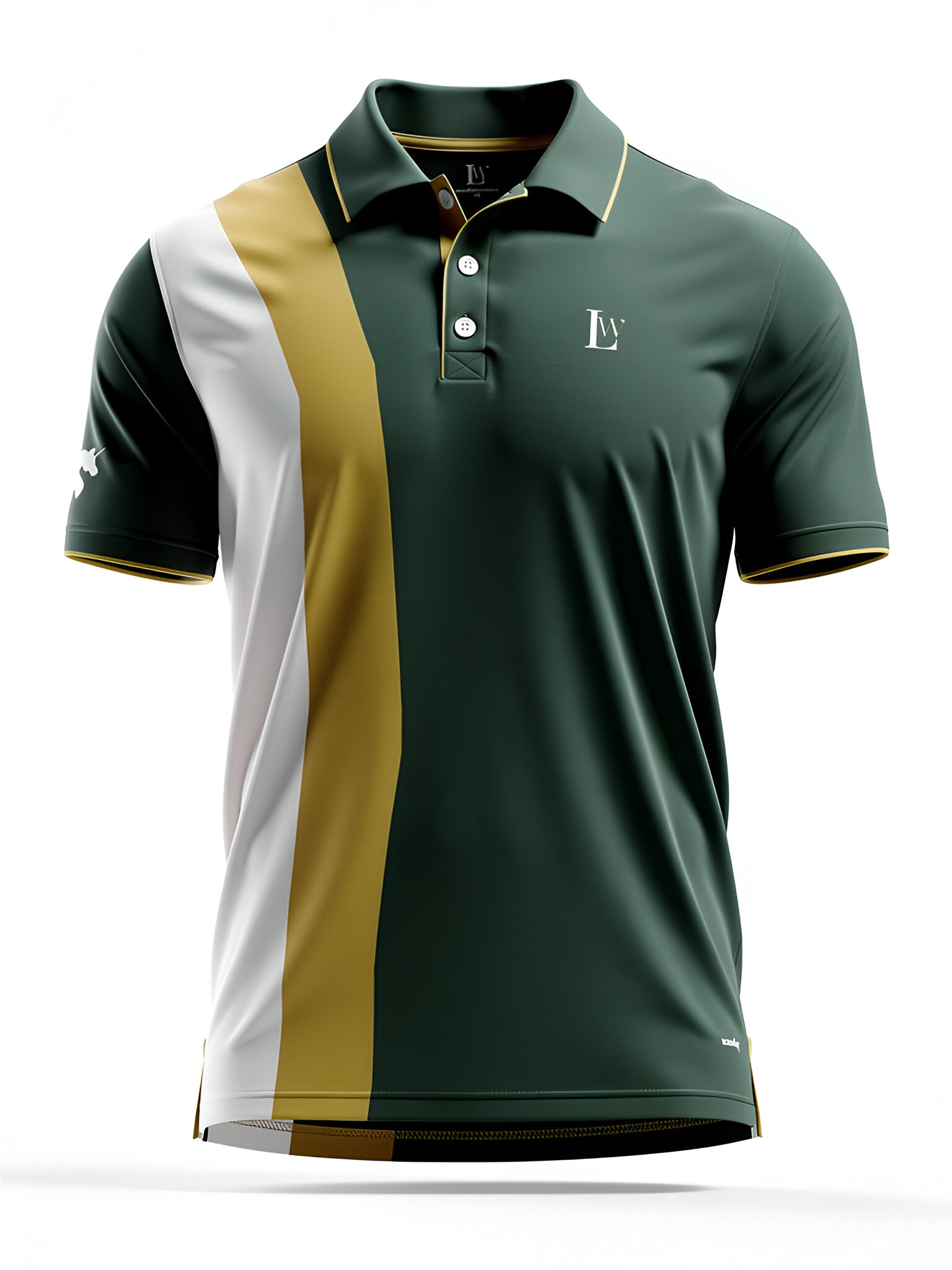 Green and gold polo shirt with a logo on a white background