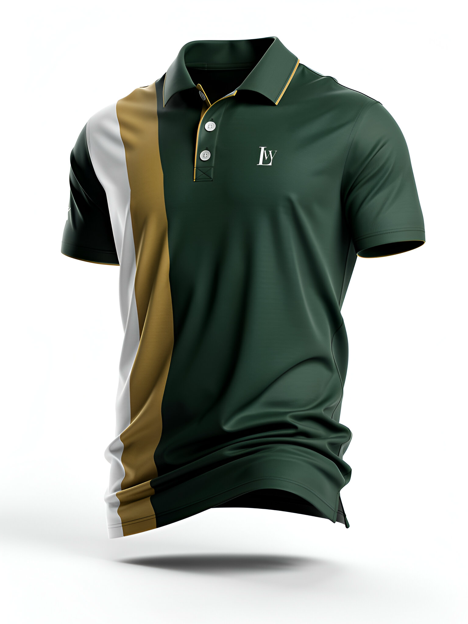 Green polo shirt with gold and white accents on a white background