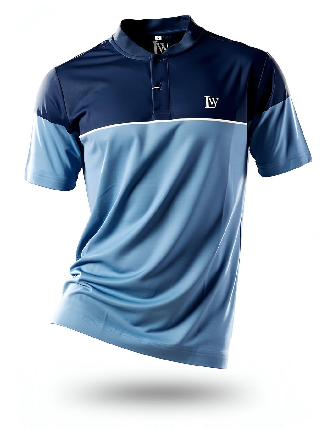 Blue and navy polo shirt with a logo on a white background