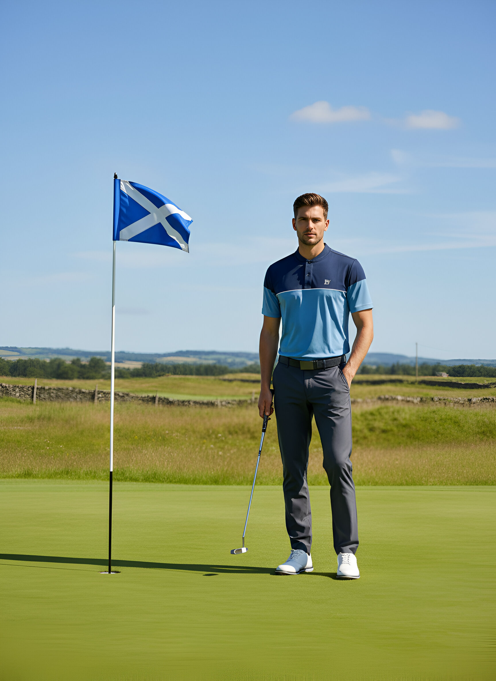 Man standing on a golf course with a Scottish flag in the background