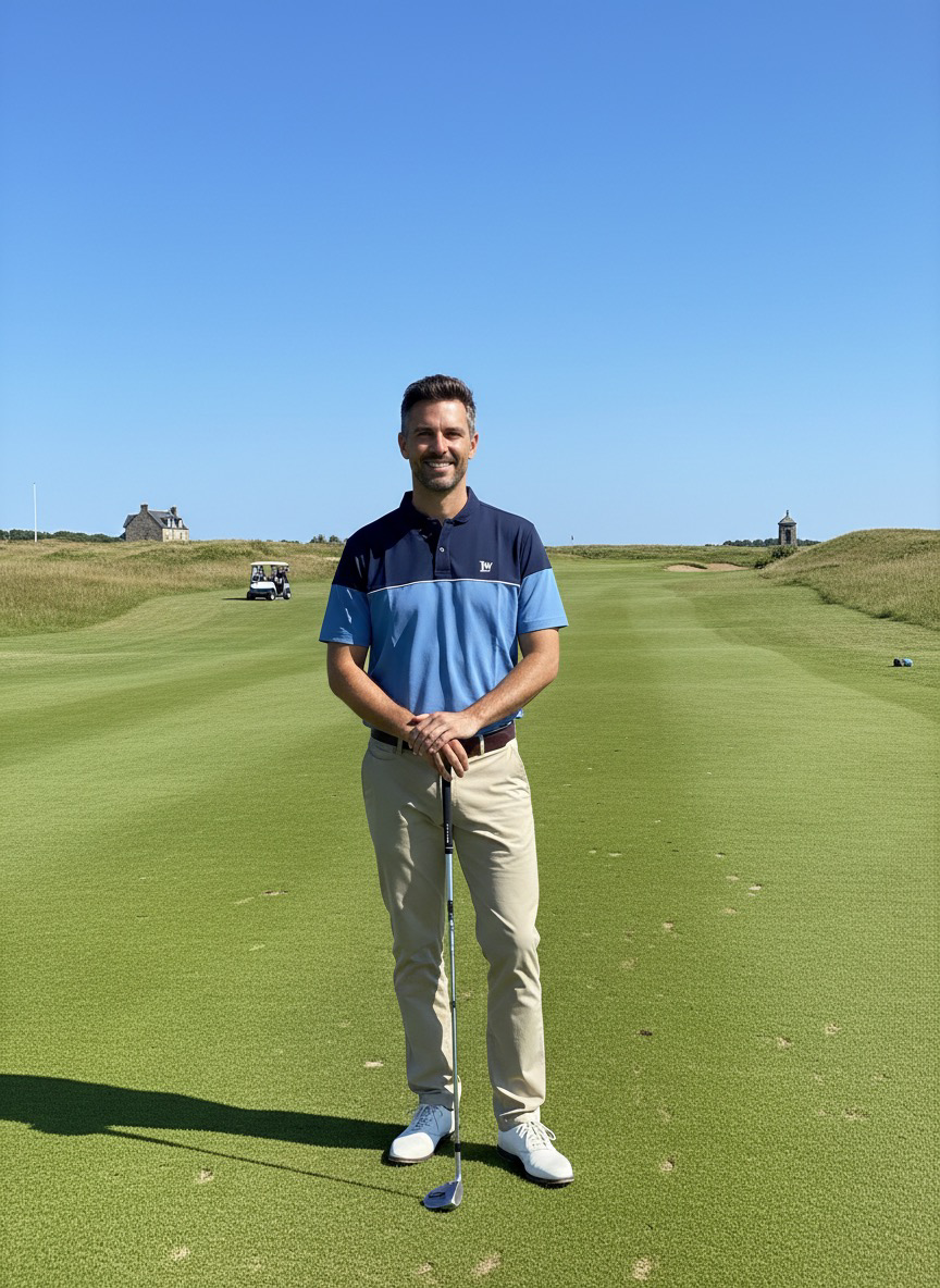 Man standing on a golf course holding a golf club with a clear blue sky in the background