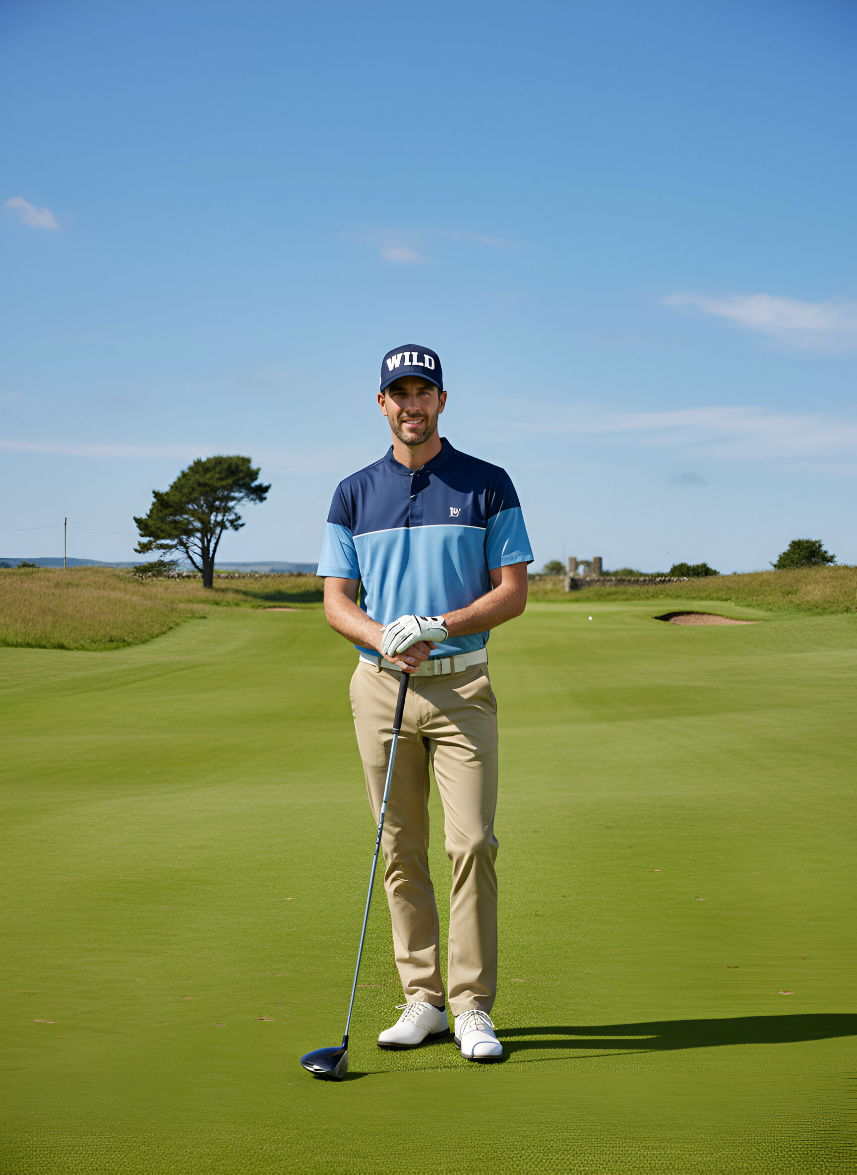 Man in golf attire holding a golf club on a golf course with a clear blue sky.