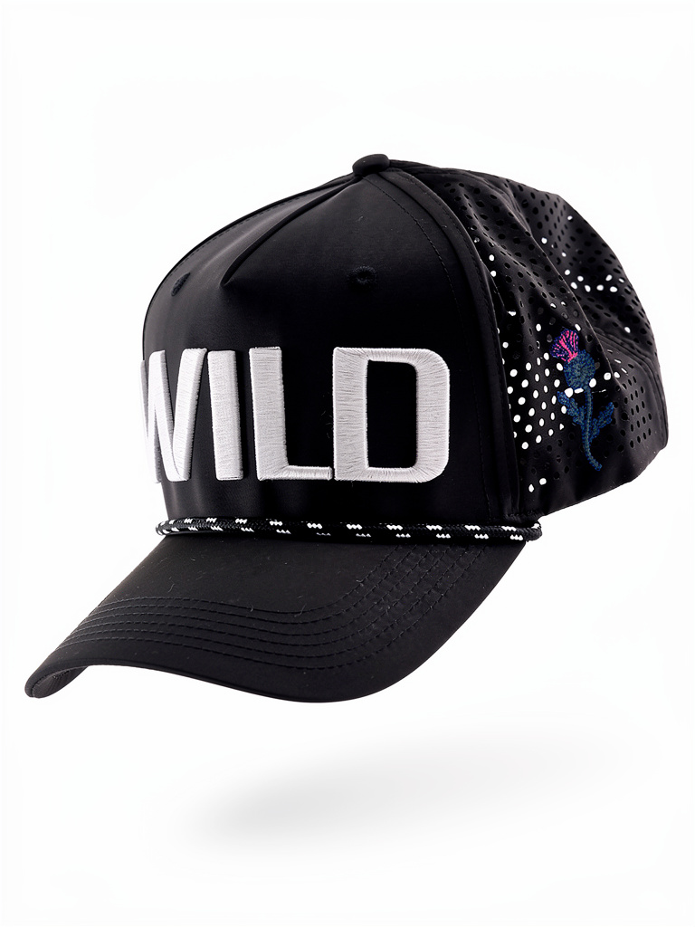 Black cap with 'WILD' text on a white background