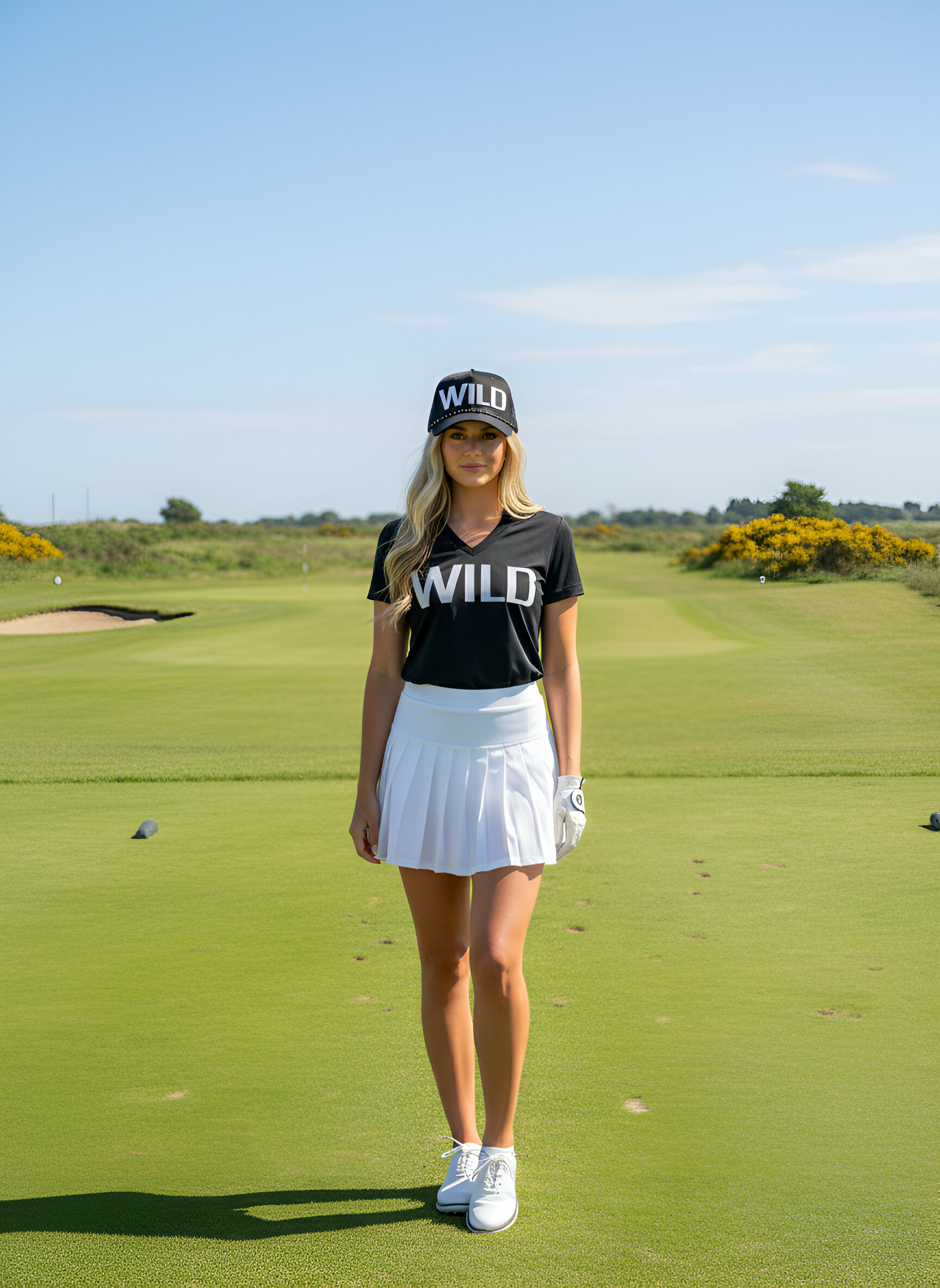 Woman on a golf course wearing a black 'WILD' t-shirt and white skirt.
