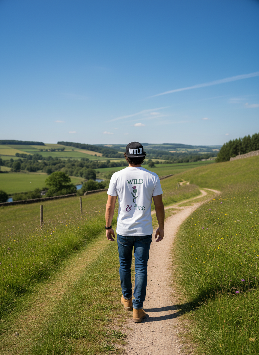 Person walking on a path in a scenic landscape wearing a white t-shirt with 'Wild and Free' text.